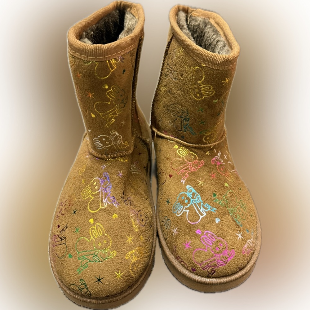 Colorful Bunny Print Suede Boots – UGG Style for Girls